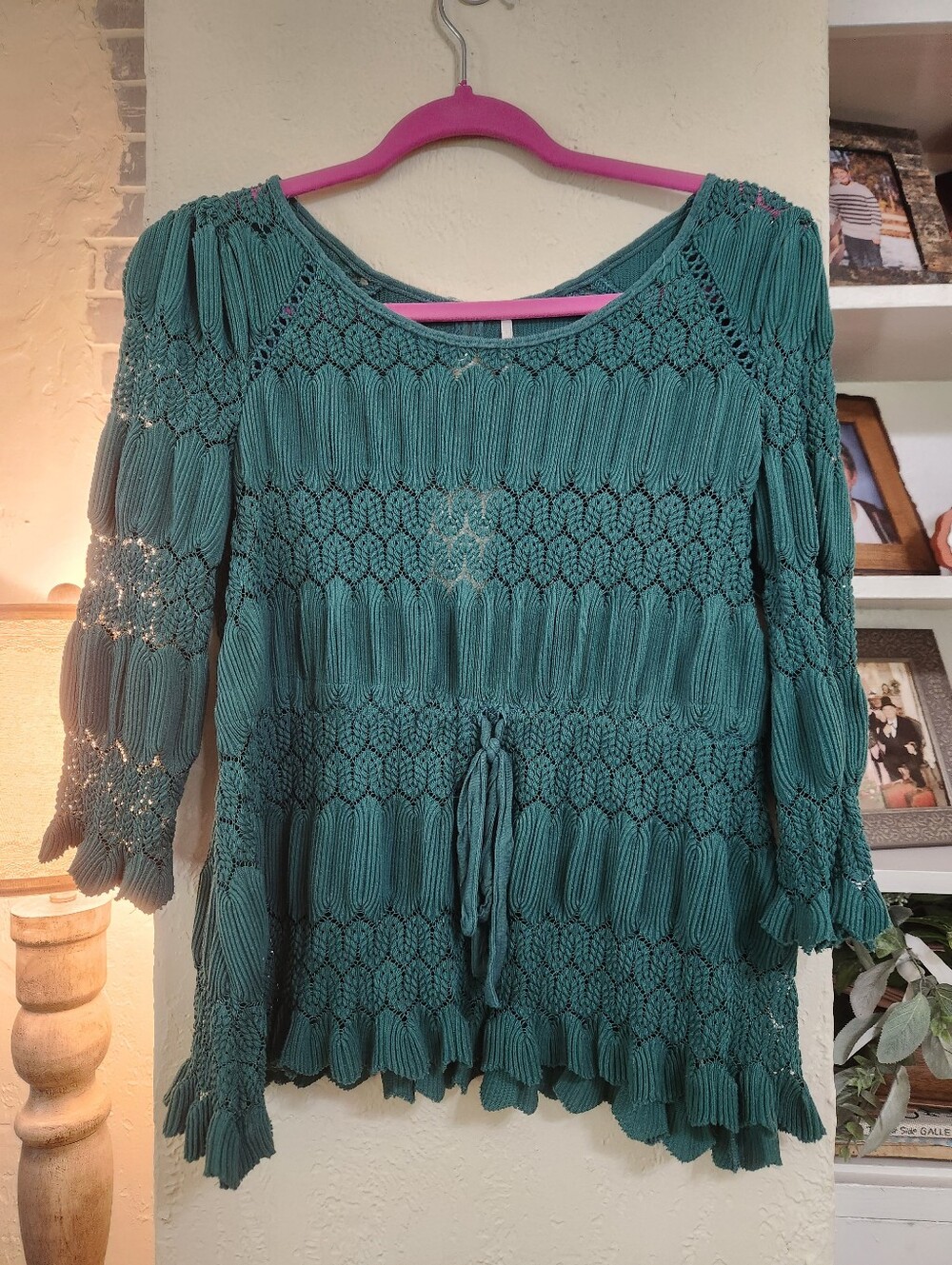 Free People Teal Crochet Drawstring 3/4 Sleeve Top Size XS P2p 18 EUC
